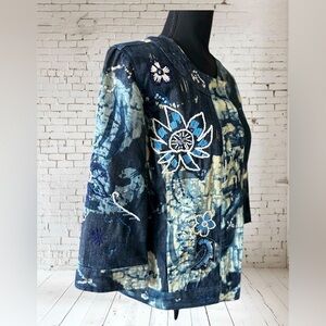 Chico’s Denim Jacket Adorn Carlton Indigo Embroidered Sequins Beaded Boho SZ L